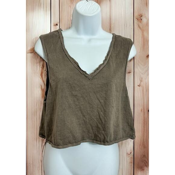 Urban Outfitters Brown Distressed V-Neck Crop Tank Top Sz M Raw Trim Tee Cotton - Picture 1 of 6